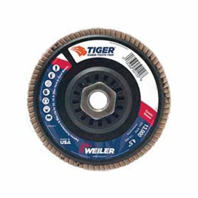 Tiger® Ceramic 50102 Premium Coated Abrasive Flap Disc, 4-1/2 in Dia Disc, 7/8 in Center Hole, 60 Grit, Medium Grade, Ceramic Alumina Abrasive, Type 29/Angled Disc
